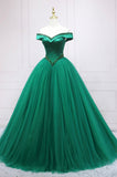 Green Tulle Long A-Line Ball Gown, Off the Shoulder Evening Dress HZ0429