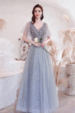 Gray V-Neck Tulle Sequins Long Prom Dresses, A-Line Evening Dresses HZ0429
