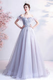 Gray Tulle Off the Shoulder Prom Dress, A-Line Evening Dress HZ0429