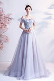 Gray Tulle Off the Shoulder Prom Dress, A-Line Evening Dress HZ0429