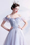 Gray Tulle Off the Shoulder Prom Dress, A-Line Evening Dress HZ0429