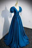 Blue V-Neck Satin Long Prom Dress, Simple A-Line Evening Dress HZ0429