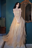 Spaghetti Strap Tulle Sequins Long Evening Dress, A-Line Graduation Dress HZ0429