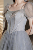Gray Tulle Beaded Tea Length Prom Dress, A-Line Evening Dress HZ0429
