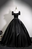 Black Satin Ball Gown with Puff Sleeves Square Neck Formal Evening Dress for Prom HZ0429