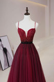 Burgundy Tulle Beaded Long Prom Dress, A-Line Spaghetti Strap Evening Dress HZ0429
