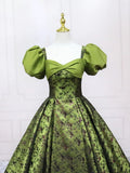 Green Printed Pattern Floor Length Prom Dress, Elegant Off the Shoulder Formal Dress HZ0429