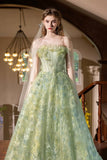 Green Strapless Tulle Long Prom Dress, Beautiful A-line Evening Party Dress HZ0429