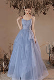 Blue V-Neck Tulle Lace Long Prom Dress, Lovely Spaghetti Straps Evening Dress HZ0429