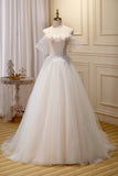 Champagne Lace Long A-line Prom Dress, Off the Shoulder Evening Dress HZ0429