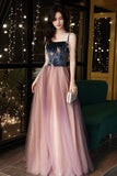 Cute Spaghetti Strap Velvet Tulle Long Prom Dress, A-Line Evening Dress HZ0429