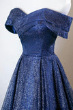 Blue Sequins Tulle Long Prom Dres, Elegant A-Line Off the Shoulder Party Dress HZ0429