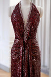 Burgundy Sequins Long Prom Dress, Mermaid V-Neck Evening Party Dress HZ0429