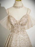 Champagne Tulle Sequins Floor Length Prom Dress, A-Line Spaghetti Strap Party Dress HZ0429