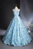 Blue Rose Flower Long Prom Dress, Blue A-Line Evening Party Dress HZ0429