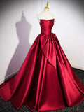 Burgundy Satin Strapless Long Prom Dress, Beautiful A-Line Evening Party Dress HZ0429