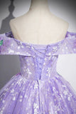 Purple Floral Tulle Long Prom Dress, Lovely A-Line Off the Shoulder Party Dress HZ0429