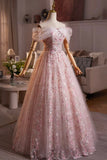 Pink Flower Fairy Tulle Long Prom Dress, Beautiful Off the Shoulder Party Dress HZ0429
