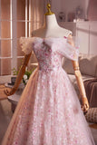 Pink Flower Fairy Tulle Long Prom Dress, Beautiful Off the Shoulder Party Dress HZ0429