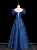 Elegant Blue Tulle Lace Long Prom Dress, Blue High Neck A-Line Evening Dress HZ0429