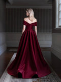 Elegant Satin Floor Length Prom Dress, Burgundy Off the Shoulder Evening Party Dress HZ0429