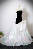 Black Velvet and White Colorful Satin Long Prom Dress, Mermaid Strapless Party Dress HZ0429