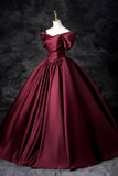Burgundy Satin Floor Length Prom Dress, Off the Shoulder Party Dress HZ0429