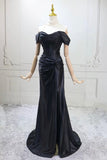 Off Shoulder Black Corset Mermaid Gown Ruched Satin Formal Dress HZ0429