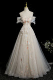 Champagne Tulle Beads Long Prom Dress, Beautiful A-Line Formal Party Dress HZ0429