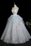 Blue Glitter Lace Flower Prom Dress, Beautiful A-Line Strapless Evening Party Dress HZ0429