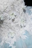 Blue Glitter Lace Flower Prom Dress, Beautiful A-Line Strapless Evening Party Dress HZ0429