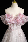 Pink Tulle Sequins Long Prom Dress, Pink Off the Shoulder Party Dress HZ0429