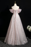 Pink Tulle Sequins Long Prom Dress, Pink Off the Shoulder Party Dress HZ0429
