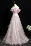Pink Tulle Sequins Long Prom Dress, Pink Off the Shoulder Party Dress HZ0429