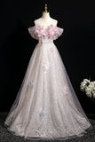 Pink Tulle Sequins Long Prom Dress, Pink Off the Shoulder Party Dress HZ0429
