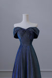 Blue Off the Shoulder Glitter A-Line Long Prom Party Dress HZ0429