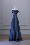 Blue Off the Shoulder Glitter A-Line Long Prom Party Dress HZ0429