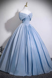 Blue Satin Long Prom Dress with Corset, Off the Shoulder A-Line Evening Party Dress HZ0429