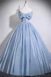 Blue Satin Long Prom Dress with Corset, Off the Shoulder A-Line Evening Party Dress HZ0429