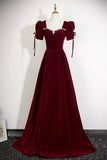 Burgundy Velvet Square Neck Evening Gown, Elegant Formal Dress with Crystal HZ0429