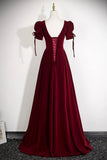 Burgundy Velvet Square Neck Evening Gown, Elegant Formal Dress with Crystal HZ0429