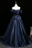 Navy Satin Off-Shoulder Ball Gown with Bow Detail, Elegant A-Line Party Dress HZ0429