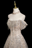 Champagne Tulle Sequins Long Prom Dress, Shiny A-Line Party Dress HZ0429