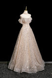 Champagne Tulle Sequins Long Prom Dress, Shiny A-Line Party Dress HZ0429