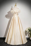 Champagne Satin Flowers Long Prom Dress, Off the Shoulder A-Line Party Dress HZ0429