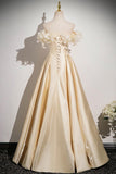 Champagne Satin Flowers Long Prom Dress, Off the Shoulder A-Line Party Dress HZ0429