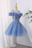 Blue Lace Off-the-Shoulder Homecoming Dress, A-Line Sparkly Tulle Party Dress HZ0429