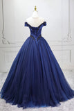 A-Line Tulle Beading Long Prom Dresses, Off the Shoulder Evening Dresses HZ0429