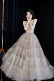 Champagne Tulle Strapless Ball Gown Tiered Ruffle Evening Dress HZ0429