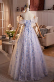 Blue Flower Fairy Tulle Long Prom Dress, Beautiful Off the Shoulder Party Dress HZ0429